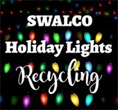 Multicolored string lights are on a black background. White text says "SWALCO Holiday Lights Recycling."