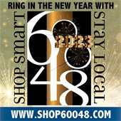 A design of golds and black reads "Ring in the new year with 60048 - shop smart, stay local - www.Shop60048.com."