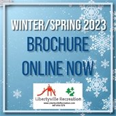 A background of light blues and snowflakes holds text that reads "Winter/Spring 2023 Brochure Online Now."