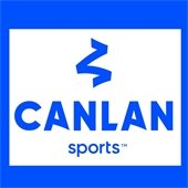 A bright blue background has a white rectangle in the center. In bright blue test is a zig-zag logo with font beneath that says "Canlan Sports."