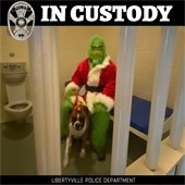 A man in a Grinch costume is shown in a holding cell with a dog.