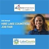 The background is sky blue. In the center is a photo of a woman smiling next to text that says "2nd Annual Hire Lake County Job Fair."