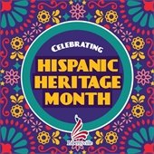 A purple background with colorful floral designs in red, teal, marigold, and pink surrounds a teal circle with a white outline. In the center is text that reads "Celebrating Hispanic Heritage Month."