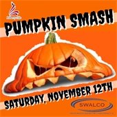 The background is orange. A half-smashed pumpkin with teeth is in the center. Text reads "Pumpkin Smash - Saturday, November 12th."