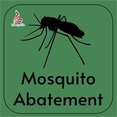 A forest green background shows a black shape of a mosquito and the text "Mosquito Abatement."