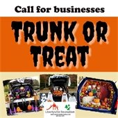 The background is white, orange, and beige to represent candy corn. Text reads "Call for businesses - Trunk or Treat." At the bottom are three photos of vehicle trunks decorated for Halloween.