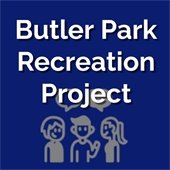 The background is dark blue. Font reads "Butler Park Recreation Project." Beneath it is a grey cartoon of people having a conversation.