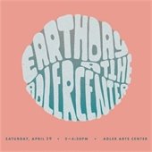 A coral background hosts a circular form of bubble letters with varying shades of teal that read "Earth Day at the Adler Center."