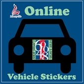 An outline of a car in black has a teal-colored sticker on the front. Text reads "Online Vehicle Stickers."