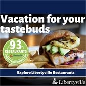 The background is navy blue. In the center is a photo of a sandwich and fries. Text reads "Vacation for your tastebuds - explore Libertyville restaurants."