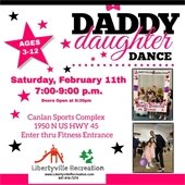 The background is white with multiple pink and black stars scattered throughout. There are two photos of dads and daughters posing in formal attire. Text reads "Daddy Daughter Dance."