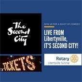 A photo of the Second City logo is in black atop a photo of a "Tickets" sign in lights. Text reads "Live from Libertyville, it's Second City!"