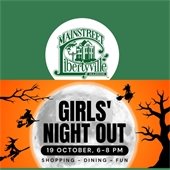 A green background showcases a Halloween design of a large gray moon on an orange background. Text reads "Girls' Night Out."