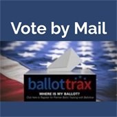 The background is dark blue. In white text is "Vote by Mail" across the top. Beneath the text is a photo of a ballot next to the stars of an American flag. Text reads "Ballottrax."