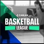 The background is a blurred photo of two young adults in uniforms playing basketball. The border is black. In the center is "Canlan" and "Basketball league in white text. League is between two teal shapes.