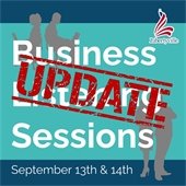 The background is dark teal. In the center is a large teal square. There are shadow figures of people standing up and working on the computer in opposite corners. In white text reads "Business Listening Sessions." In the dark blue teal at the bottom reads "September 13th and 14th." Over the top of the graphic is red text resembling a stamp that says "UPDATE."