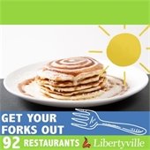 A stack of pancakes with a cinnamon swirl is on a plate. A yellow sun is in the top right corner. Text reads "Get your forks out - 92 restaurants."