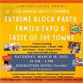 The background is yellow and orange. Text reads "The 11th Annual Multi-Chamber Extreme Block Party and Family Expo."
