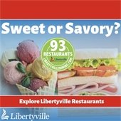Photos of ice cream and a sandwich are highlighted by text that reads "Sweet or savory - explore Libertyville restaurants."