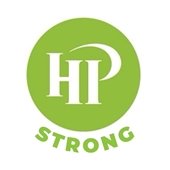 A lime green circle has white text in the middle reading "HP" for "Highland Park." Beneath the circle is text in the same green that reads "Strong."