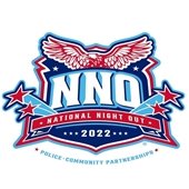 A large design of an eagle and shooting stars is in light blue, white, dark blue, and red. Large white letters read "NNO: National Night Out 2022" with the caption "Police-Community Partnerships."