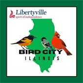 A green border surrounds a green shape of Illinois with birds across the top. Text reads "Bird City Illinois."