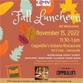 The background is rust red and designed with fall leaves. Text reads "Fall Luncheon - All Welcome!"