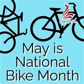 A light blue background has black outlines of bikes on the left, top, and right. Text says "May is National Bike Month."