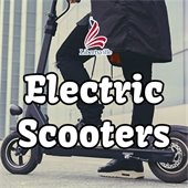 A person in black jeans and sneakers has one foot propped on an electric scooter. Text reads "Electric Scooters."