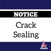 A white box is between two navy blue strips at the top and bottom. Text reads "Notice: Crack Sealing."