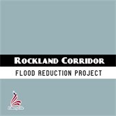 A grey/blue background holds two stipes near the bottom, the top in black and the bottom in white. Text reads "Rockland Corridor Subdivision Flood Reduction Project."