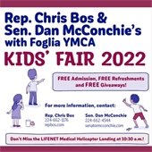 The background is ruby red. There are cartoons of children playing and event details in a light purple, ruby, and navy blue color scheme. The header reads "Representative Chris Bos and Senator McConchie's with Foglia YMCA Kids' Fair 2022."