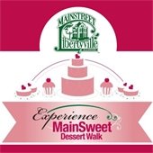 A dark pink background hosts a white rectangle filled with pink ribbons, cupcakes, and caked. Text reads "Experience MainSweet Dessert Walk."