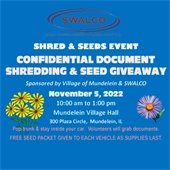 The background is blue. Text says "Shred and Seeds Event: Confidential Document Shredding and Seed Giveaway."