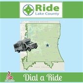 A light blue background with light green accents features the logo for "Ride Lake County." In the center is a map of Lake County, Illinois with a star on Libertyville and a Pace bus. 