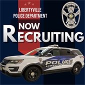 On a red and dark blue background, an image of a police badge and cruiser are titled "Libertyville Police Department: Now Recruiting."