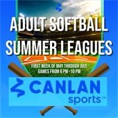 An illustrated picture of a baseball stadium reads "Adult Softball Summer Leagues" n bold white letters.