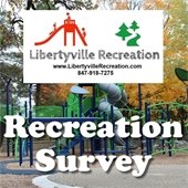 The background is a photo of a green and blue playground beneath fall leaves. Text reads "Libertyville Recreation Survey."