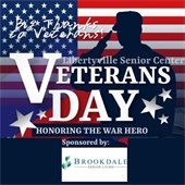 A shadow of a saluting soldier stands in front of an American flag. Large text reads "Big thanks to veterans! Libertyville Senior Center Veterans Day: Honoring the War Hero."