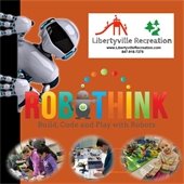 The background is orange. A robot is peeking out of the left side of the graphic with photos of kids playing with robots throughout. Text reads "RoboThink: Build, Code, and Play with Robots."