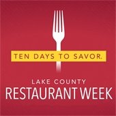A fork is in front of a red background. Text reads "Ten days to savor - Lake County Restaurant Week."