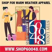 Two cartoon figures stand in front of a rack of clothes on a peach background. Bold black font reads "Shop for warm weather apparel" while a bright red caption reads "www.Shop60048.com."