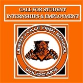 The background is orange with a logo showing a snarling bengal tiger. Text reads "Call for student internships and employment."