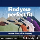 Several shirts are o hangers on a rack. Text reads "Find your perfect fit - www.Shop60048.com."