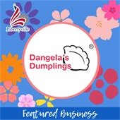 A blue background showcases multicolored flower shapes. Text in the middle says "Dangela's Dumplings" next to an outline of a Chinese dumpling.
