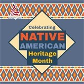 The background is a gray/blue. At the top and bottom are borders filled with a pattern of diamond shapes in taupe, blue, yellow, and orange. Text in the center reads "Celebrating Native American Heritage Month."