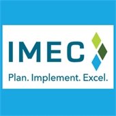 The background is bright sky blue. Text is in a white box in the center and reads "IMEC - Plan. Implement. Excel."