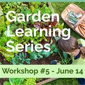 A photo of a woman gardening amidst plentiful greenery. Text reads "Garden Learning Series - Workshop #5 - June 14."