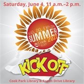 An orange and red sunflower is bursting through a grey paper background. It reads "Read. Do. Explore. Summer 2022." and has the words "Kick Off" in cartoony yellow font also bursting through the grey background.