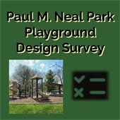 The background is dark blue. At the top, black text with yellow shadow says "Paul M. Neal Park Playground Design Survey." Beneath the text is a photo of the park and the outline of a ballot.